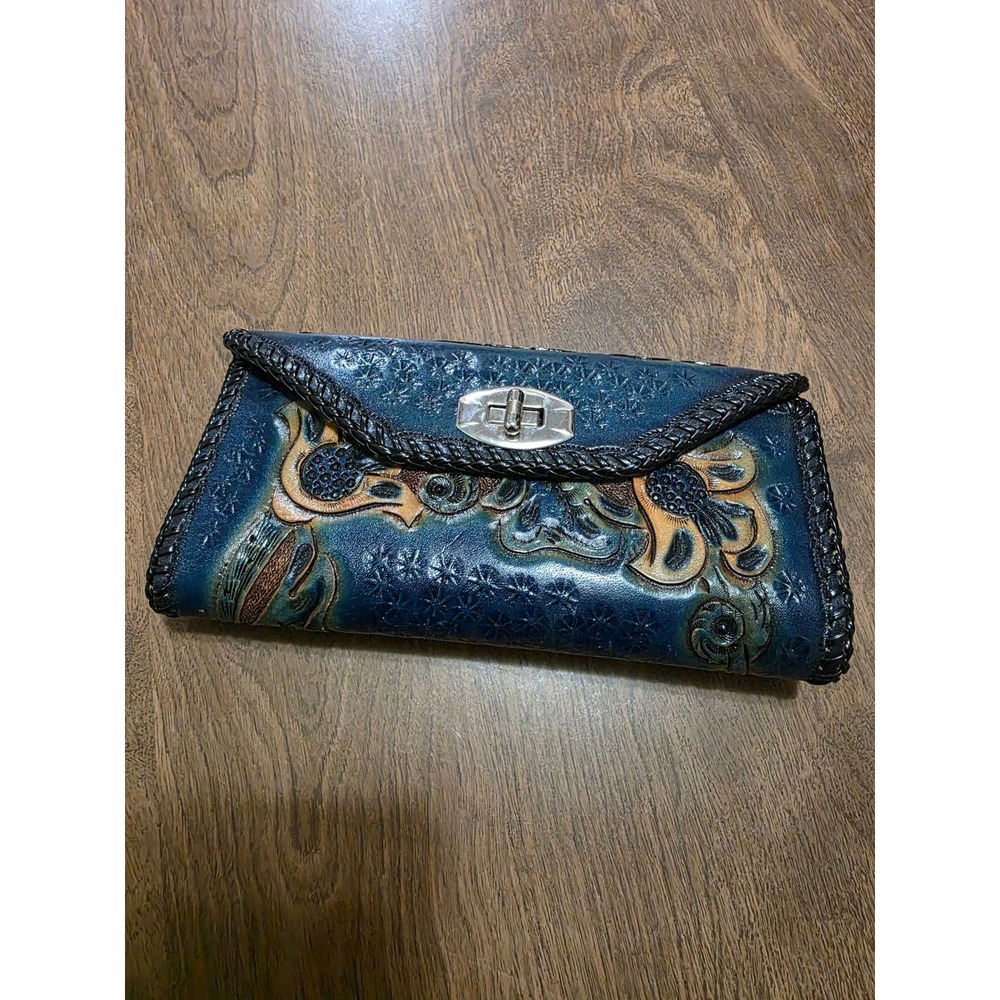 Hand Tooled Leather Floral Clutch Wallet Blue Whipstitch Turn Lock Western Bag